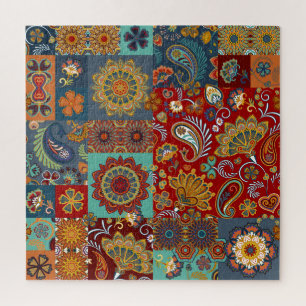 Vintage Paisley Mandala Colorful Patchwork Jigsaw Puzzle