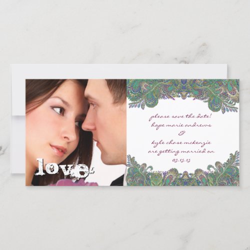 Vintage Paisley Peacock Colors Save The Date Photo