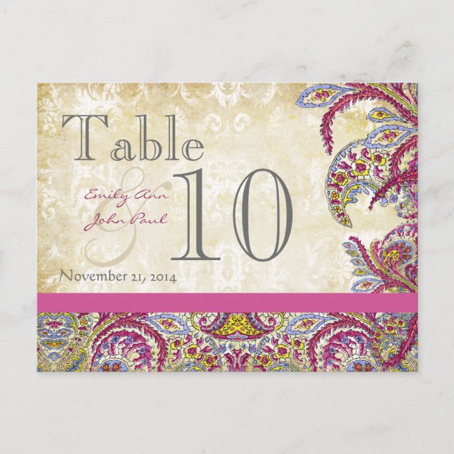 Vintage Paisley Peacock Gold Wedding Table Number (Front)