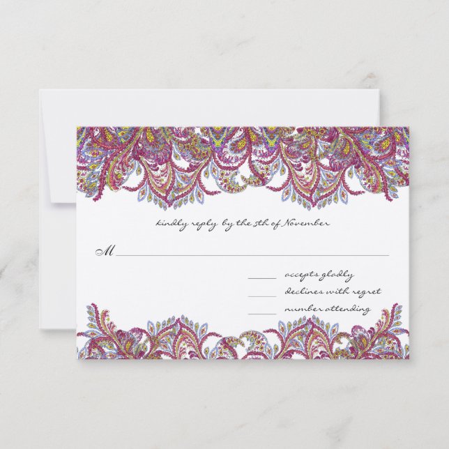 Vintage Paisley Raspberry Feathers RSVP Card (Front)