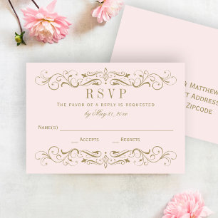 Vintage Pale Pink Gold Flourish Wedding RSVP Card