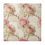 Vintage Pale Pink Rose Script Pattern Ceramic Tile<br><div class="desc">Indulge in soft romantic nostalgia with this exquisite vintage-inspired pattern of lush pale pink and creamy ivory roses. Each delicate bloom is beautifully framed by thorny stems and layered over aged parchment featuring elegant handwritten French script. Blush, peach, and warm beige tones blend seamlessly for a dreamy, feminine, shabby chic...</div>