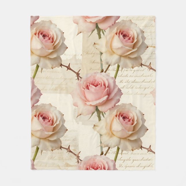 Vintage Pale Pink Rose Script Pattern Fleece Blanket (Front)