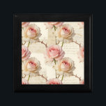 Vintage Pale Pink Rose Script Pattern Gift Box<br><div class="desc">Indulge in soft romantic nostalgia with this exquisite vintage-inspired pattern of lush pale pink and creamy ivory roses. Each delicate bloom is beautifully framed by thorny stems and layered over aged parchment featuring elegant handwritten French script. Blush, peach, and warm beige tones blend seamlessly for a dreamy, feminine, shabby chic...</div>