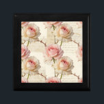 Vintage Pale Pink Rose Script Pattern Gift Box<br><div class="desc">Indulge in soft romantic nostalgia with this exquisite vintage-inspired pattern of lush pale pink and creamy ivory roses. Each delicate bloom is beautifully framed by thorny stems and layered over aged parchment featuring elegant handwritten French script. Blush, peach, and warm beige tones blend seamlessly for a dreamy, feminine, shabby chic...</div>