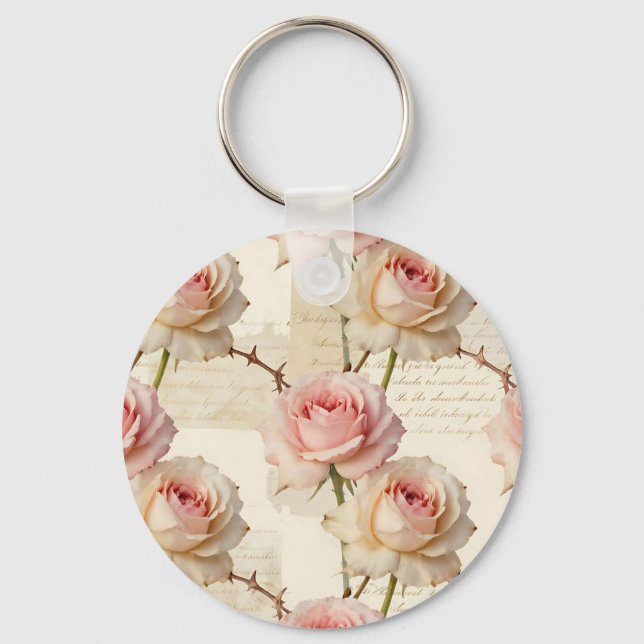 Vintage Pale Pink Rose Script Pattern Keychain (Front)