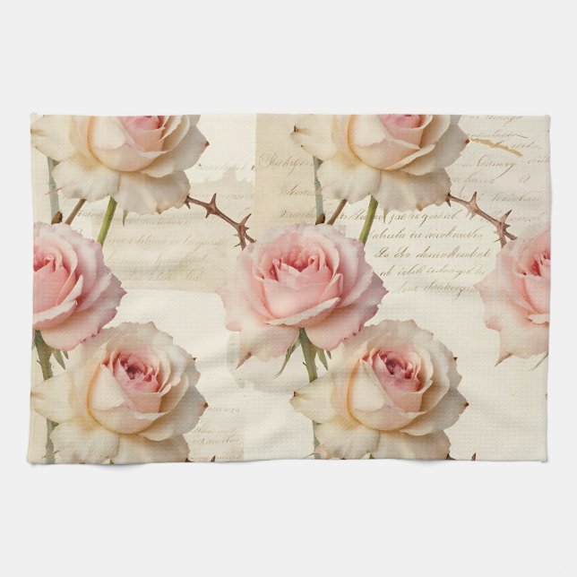 Vintage Pale Pink Rose Script Pattern Kitchen Towel (Horizontal)