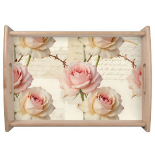 Vintage Pale Pink Rose Script Pattern Serving Tray