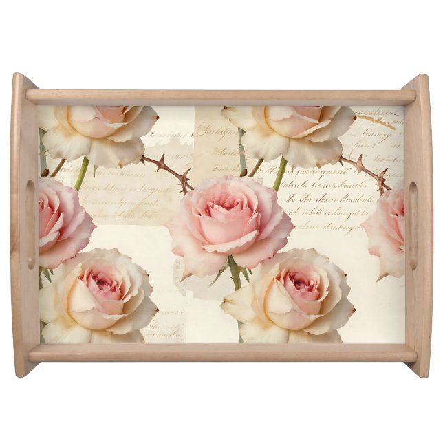 Vintage Pale Pink Rose Script Pattern Serving Tray (Front)