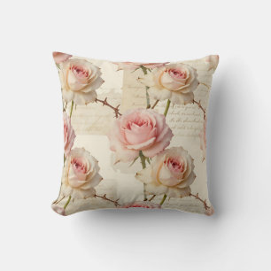 Vintage Pale Pink Rose Script Pattern Throw Pillow