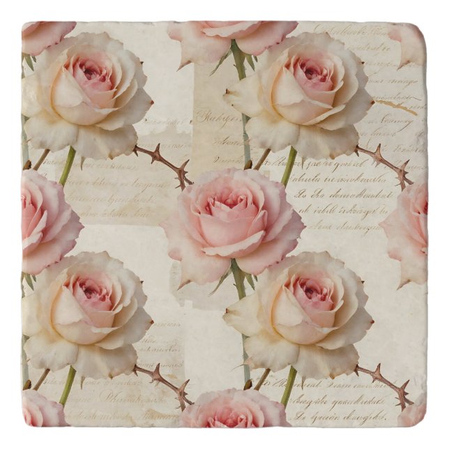 Vintage Pale Pink Rose Script Pattern Trivet (Front)