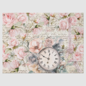 Vintage Pale Pink Roses Old Letter Clock Decoupage Tissue Paper