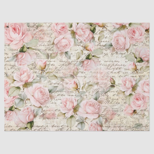 Vintage Pale Pink Roses Old Letter Decoupage Tissue Paper (Front)
