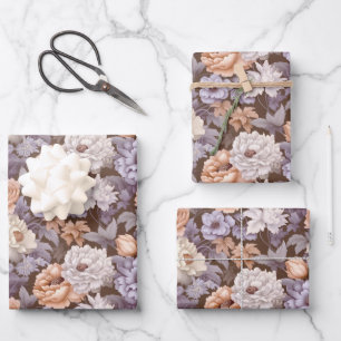 Vintage pale purple beige taupe peach flowers wrapping paper sheets