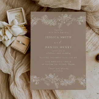 Vintage Pale Taupe & White Floral Wedding Invitation