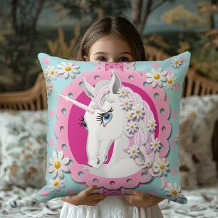 Vintage Pale Teal Unicorn and Daisies Floral Dots Throw Pillow