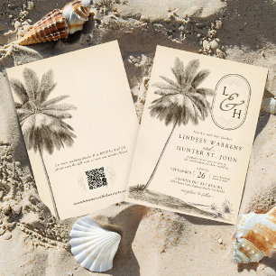 Vintage Palm Tree Beach Coastal Tropical Wedding Invitation