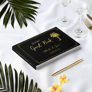 Vintage Palm Tree Black and Gold Art Deco Foil Guest Book