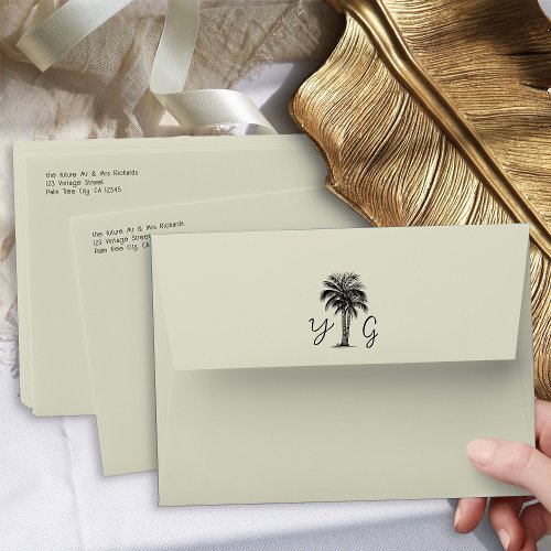 Vintage Palm Tree Monogram Return Address Wedding Envelope