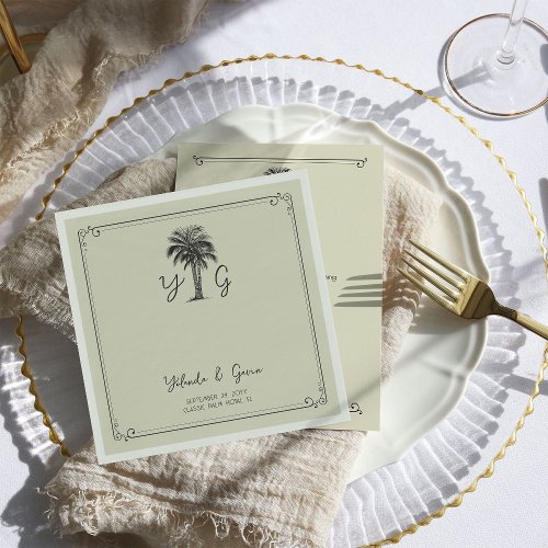 Vintage Palm Tree Monogrammed Deco Wedding Napkins