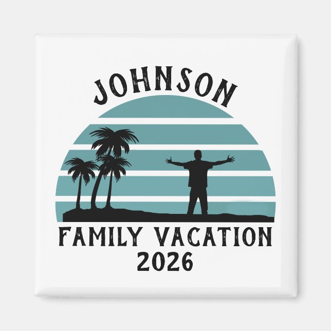 Vintage Palm Tree Sunset Custom Family Vacation Magnet (Front)