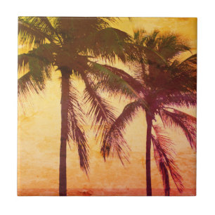 Vintage palm tree sunset custom photo Ceramic Tile