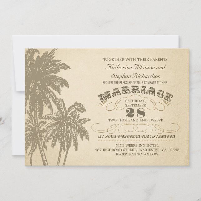 vintage palm tree typographic wedding invitation (Front)