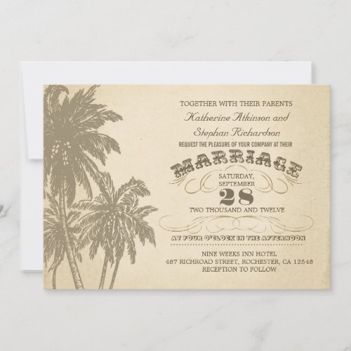 vintage palm tree typographic wedding invitation