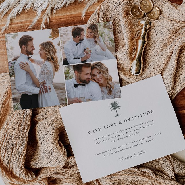Vintage Palm Tree Wedding Photo Collage Thank You Card (Creator Uploaded)