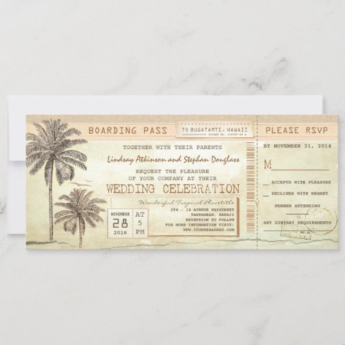 Vintage Palms Seaside Boarding Pass Wedding Ticket Invitation