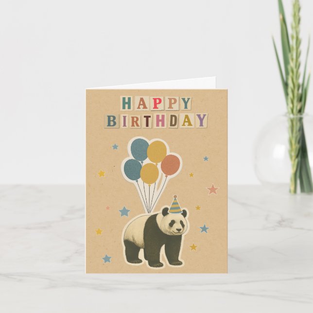 Vintage Panda Birthday Card with Balloons (Front)