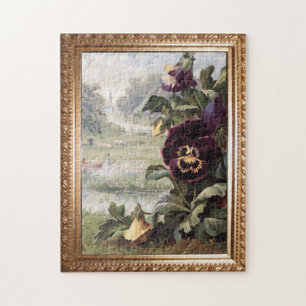 Vintage Pansies and Rustic Scene Jigsaw Puzzle