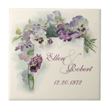 Vintage Pansies Anniversary Tile by Past_Impressions at Zazzle