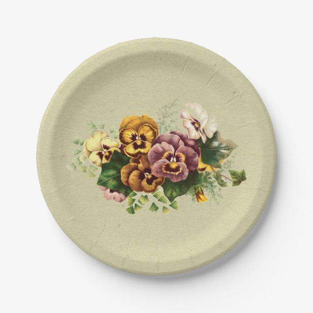 Vintage Pansies Bouquet Paper Plates (Front)