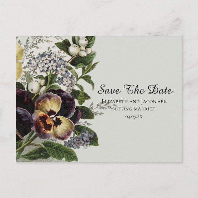 Vintage Pansies Save the Date Postcard (Front)
