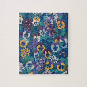 Vintage Pansy Floral Pattern Blue Cottage Garden Jigsaw Puzzle