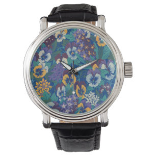Vintage Pansy Floral Pattern Blue Cottage Garden Watch