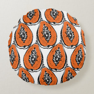 Vintage Papaya Charcoal Drawing Pattern. Round Pillow