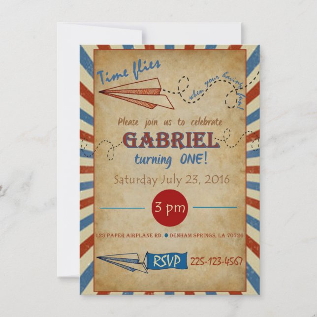 Vintage Paper Airplane Birthday Invitation (Front)