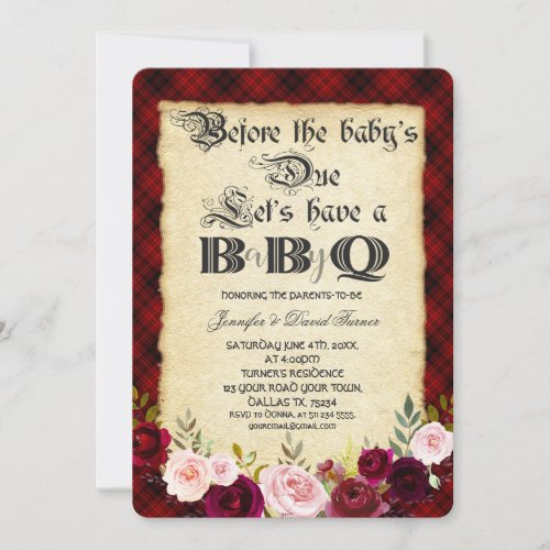 Vintage Paper Buffalo Plaid Floral Baby Shower BBQ Invitation