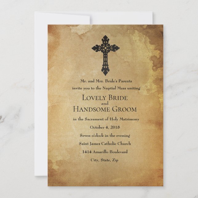 Vintage Paper Catholic Cross Wedding Invitation (Front)
