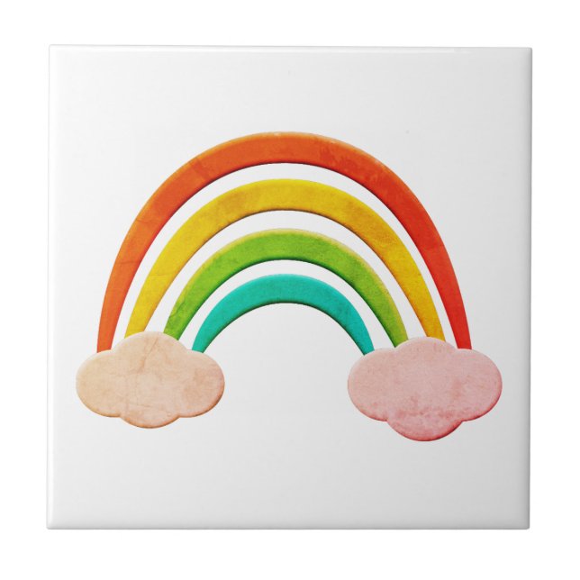 Vintage Paper Cut Rainbow And Clouds Ceramic Tile (Front)