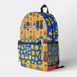 Vintage Paper Doll & Abstract Floral Eclectic Bold Printed Backpack