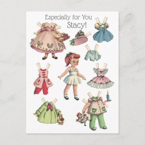 Vintage Paper Doll Image with Dresses Personalized Postcard