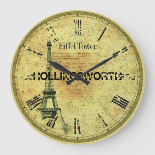Vintage Paper_ Eiffel Tower  Last Name Large Clock