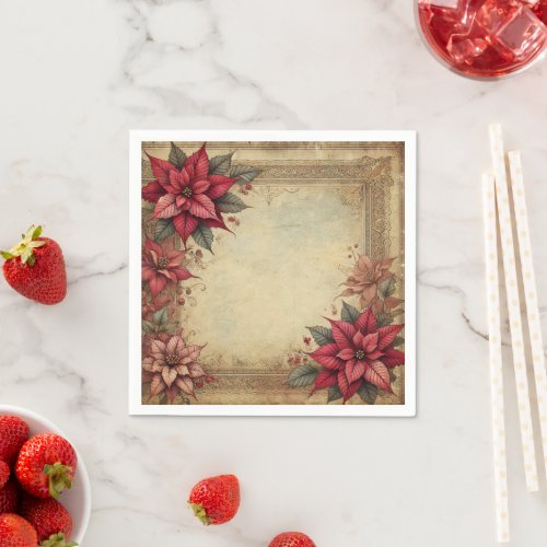 Vintage Paper Floral Poinsettia Frame Decoupage Napkins