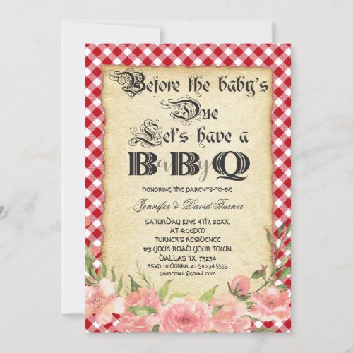 Vintage Paper Floral Red Gingham Baby Shower BBQ Invitation