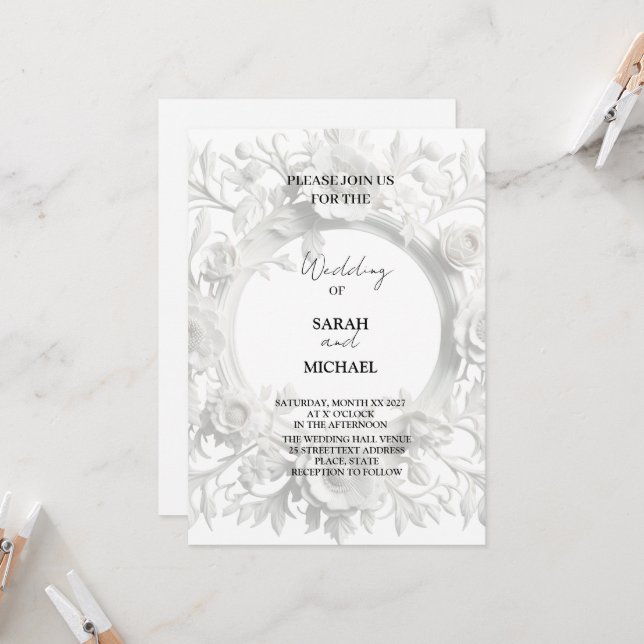 vintage paper flower frame wedding invitation (Front/Back In Situ)