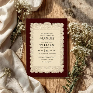 Vintage Paper Lace Burgundy QR Code Wedding Invitation