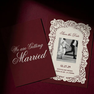 Vintage Paper Lace Burgundy Romantic Photo Wedding Save The Date